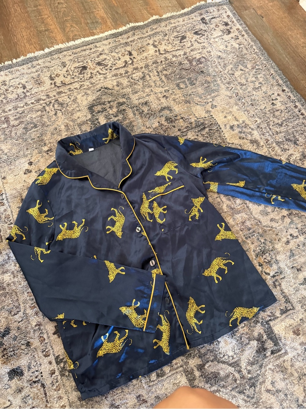 Navy Satin Leopard Print Pajama Set
